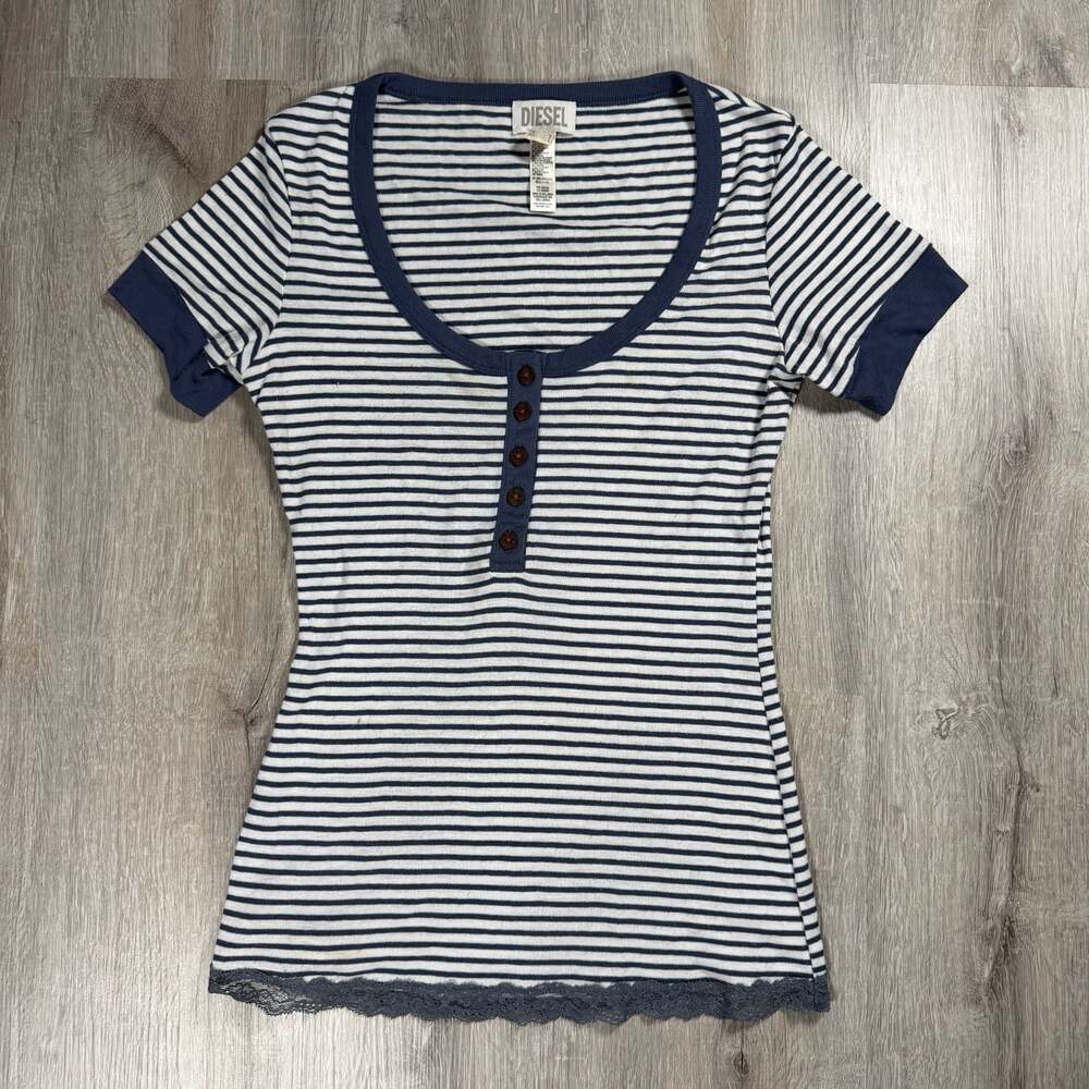 DIESEL Women's Blue and White Striped Short Sleeve Henley Top Lace Hem Y2K Small